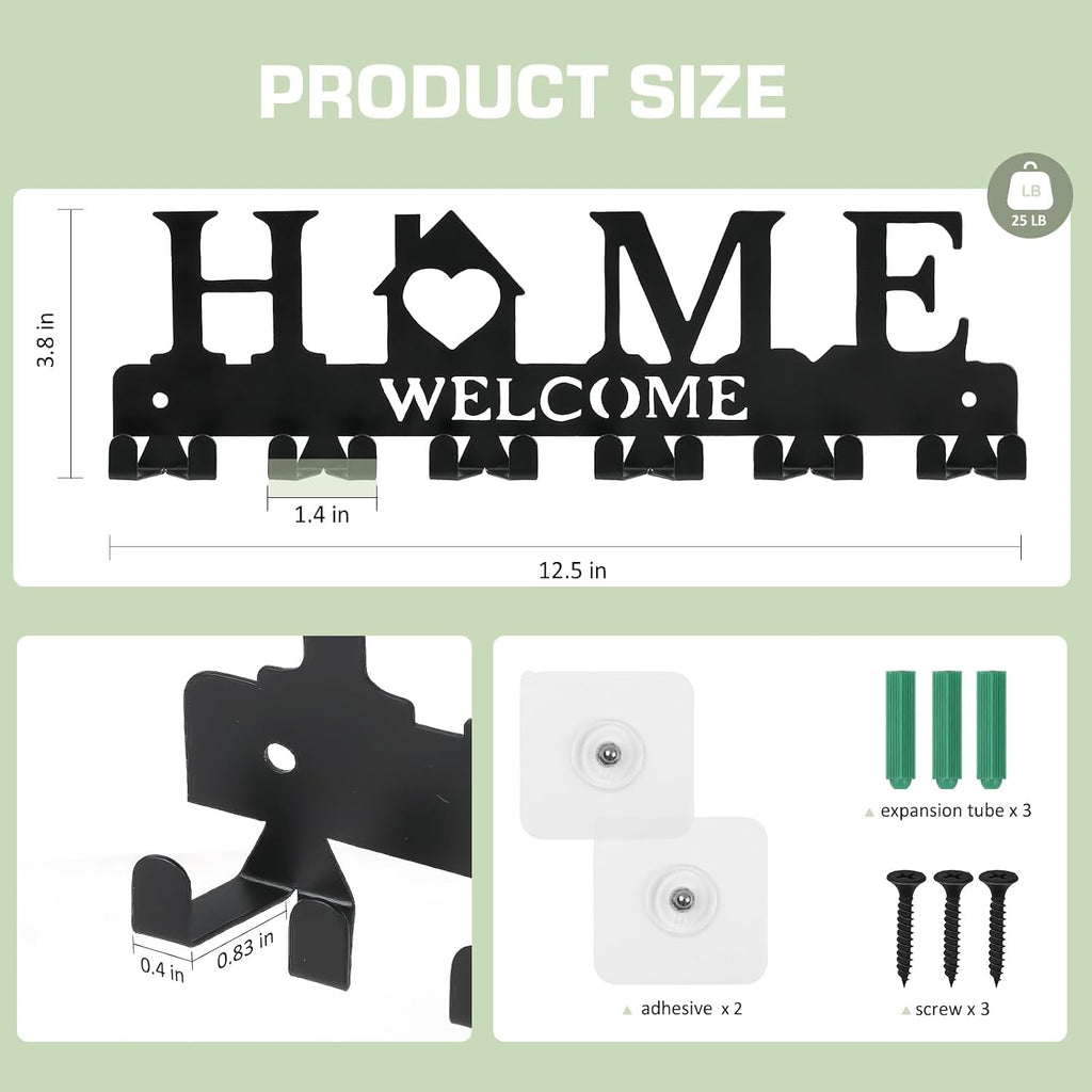 Key Holder Wall Mount, Adhesive Key Hanger with 12 Hooks, Black