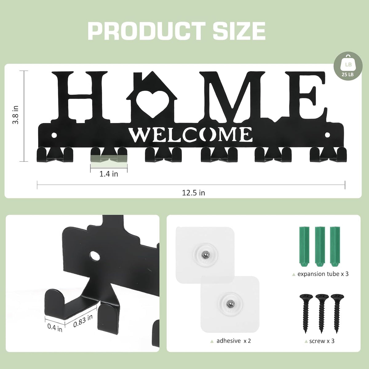 Key Holder Wall Mount, Adhesive Key Hanger with 12 Hooks, Black