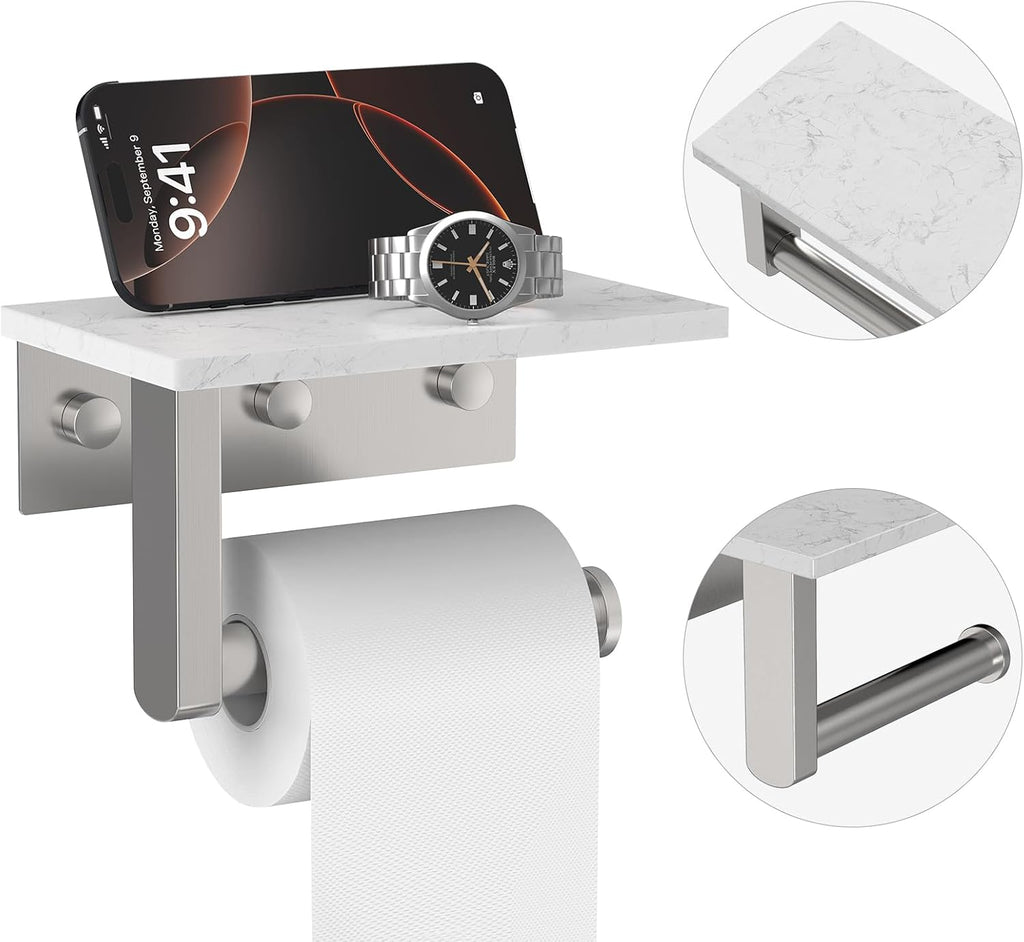 Brushed Nickel Toilet Paper Holder with Marble Shelf Tissue Roll Holder