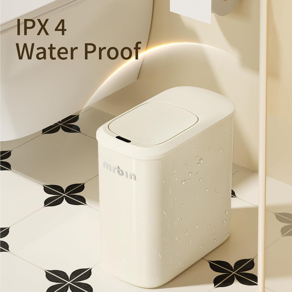 MRBIN Metal Motion Sensor Bathroom Trash Can with Lid and Wheels, 10L/2.6gal Automatic Removable Slim Electric Narrow Waste Basket for Near Desk Office, Bedroom, Kitchen, Rv, White
