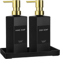 GMISUN Kitchen Soap Dispenser Set with Tray, Dish Soap Dispensers for Kitchen, 12fl oz/350ml Hand and Dish Soap Dispenser Set, Black Soap Dispensers with Gold Pump, Glass Liquid Soap and Lotion Bottle