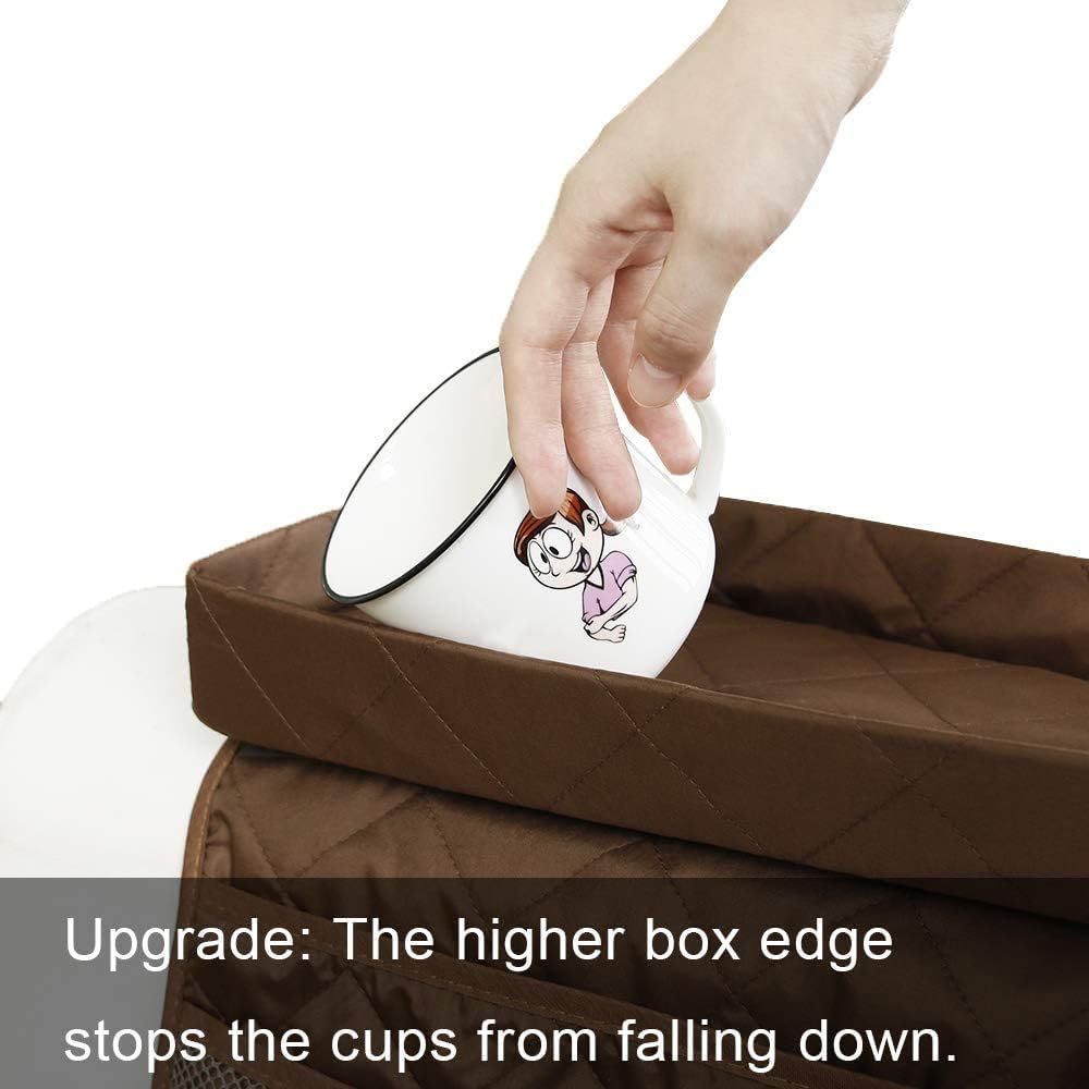 MDSTOP Couch Cup Holder Tray with Detachable Tray, Flodable Anti-Slip Sofa Armrest Tray Tables, Chair Couch Armrest Organizer Caddy for Snacks Remote Storage (Coffee1, 32" × 13")