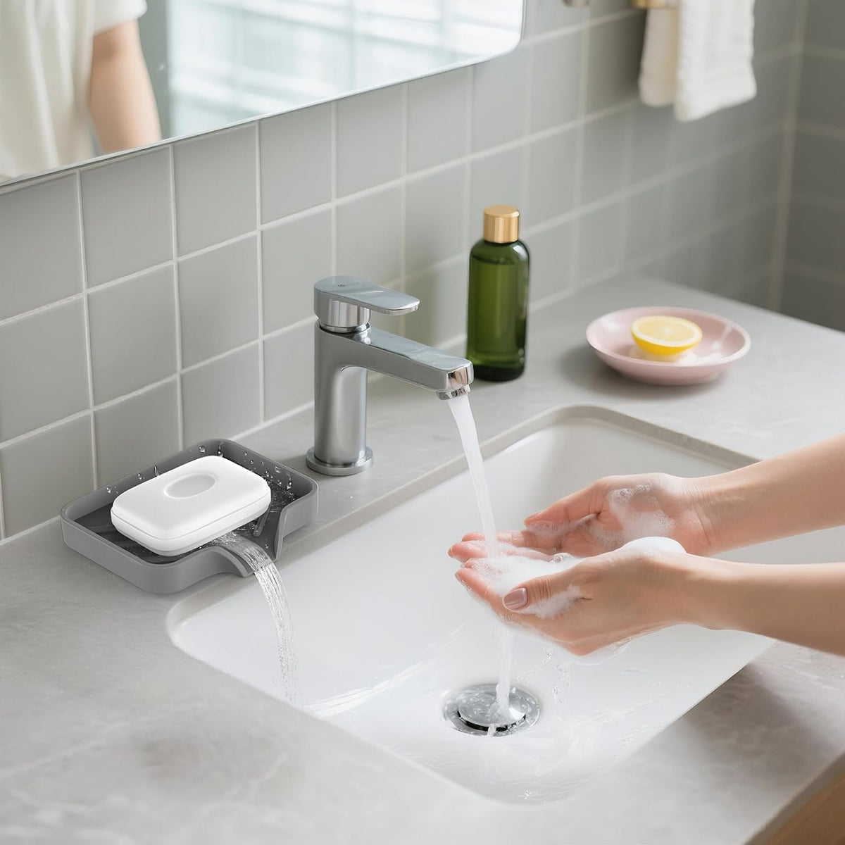 2 Pack Silicone Soap Dish for Shower with Self Draining Grey & Beige White