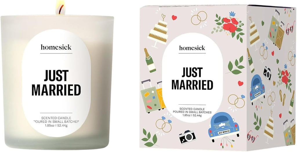 Homesick Just Married Scented Candle – 13 oz Soy Wax Blend in Non-Toxic Sea Salt Champagne Amber Scent, 60-Hour, Organic Cotton Wick – Wedding & Engagement Gifts for Couples in Reusable Jar
