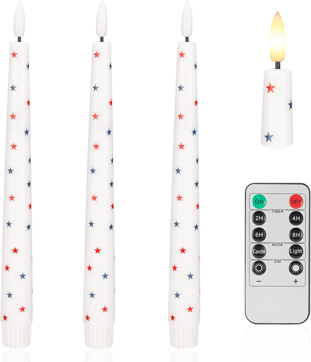 4th of July Candles, Flameless Taper Candles with Remote, 9.6" Red White and Blue Star Candles, Real Wax Flickering Independence Flameless Candles, Patriotic Candles, Battery Candles, Set of 3