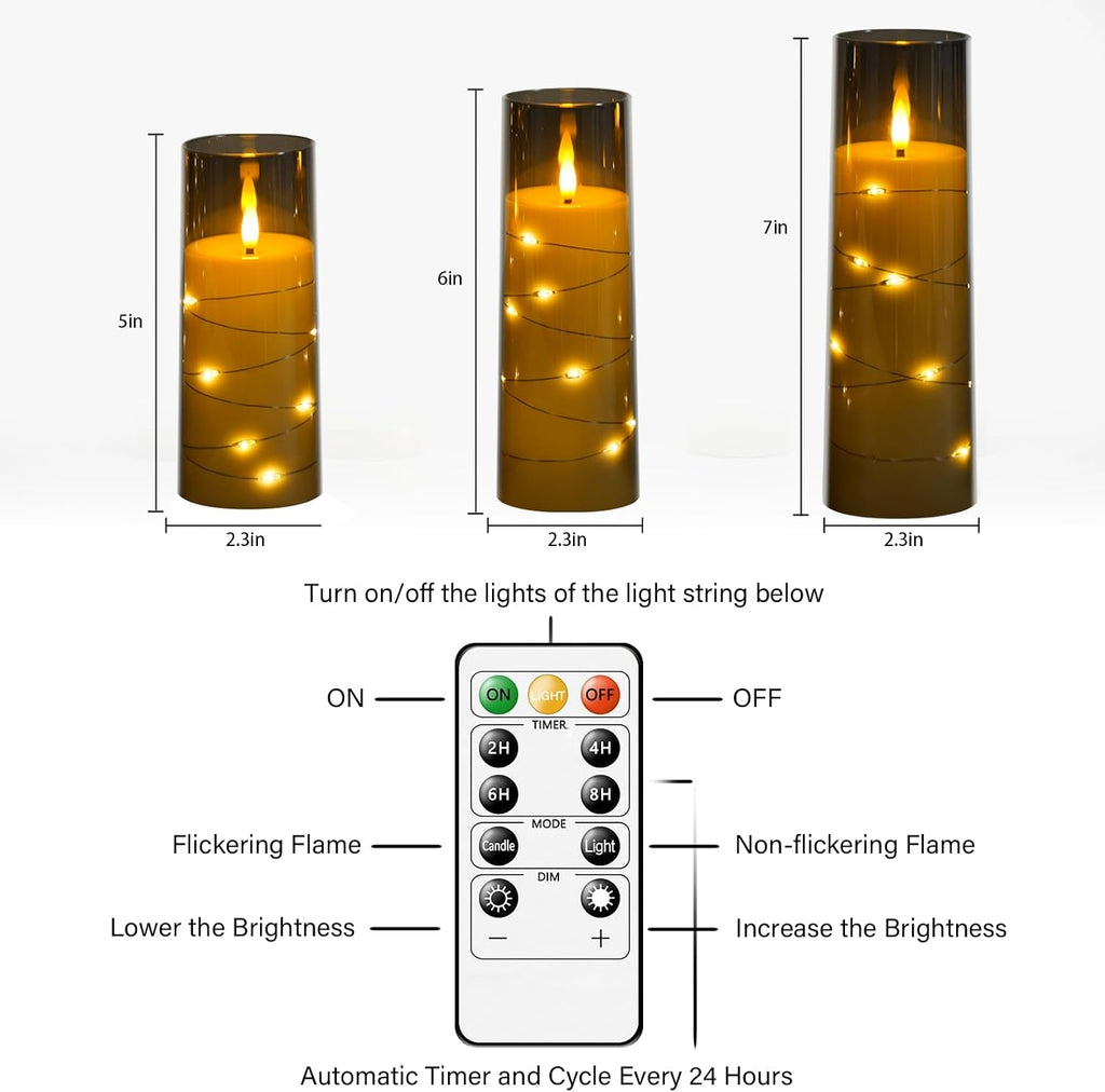 Nimiko Flickering Flameless LED Candles, 9 Pcs with Embedded Star String, Acrylic LED Pillar Candles with Remote, Suitable for Home Decoration (Grey)