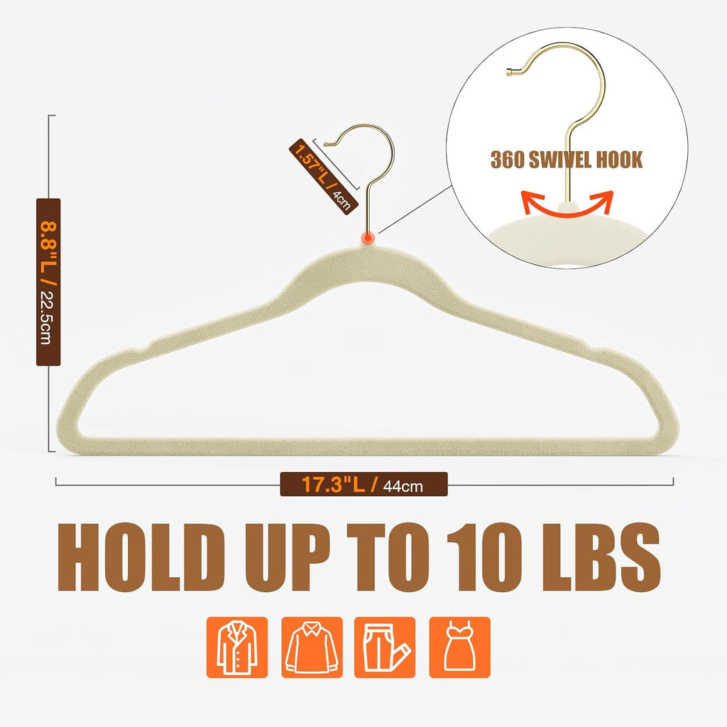 Flottian 100 Pack Beige Velvet Hangers Non Slip,Felt Hangers with Gold Hook