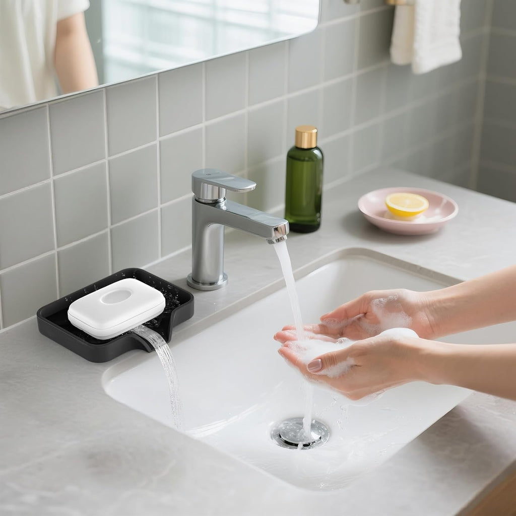 2 Pack Silicone Soap Dish, Self Draining Soap Dish 4.7"×3.9" Black