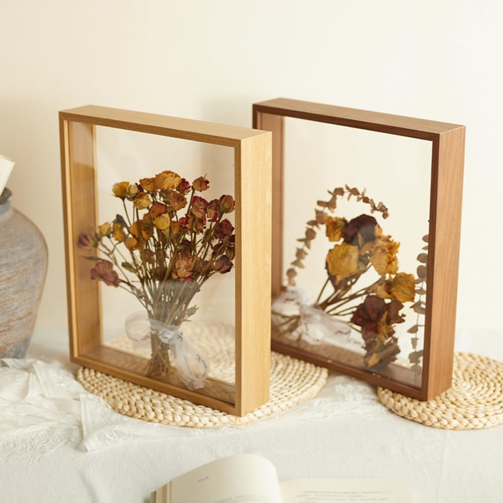 Wooden Dried Flower Photo Frame Dried Flower Display Stand Decorative Floating Photo Frame,Double Sided Plexiglass Shadow Box Picture Frame,for Display Dried Flowers,Handicrafts (Wood Color-8x12)