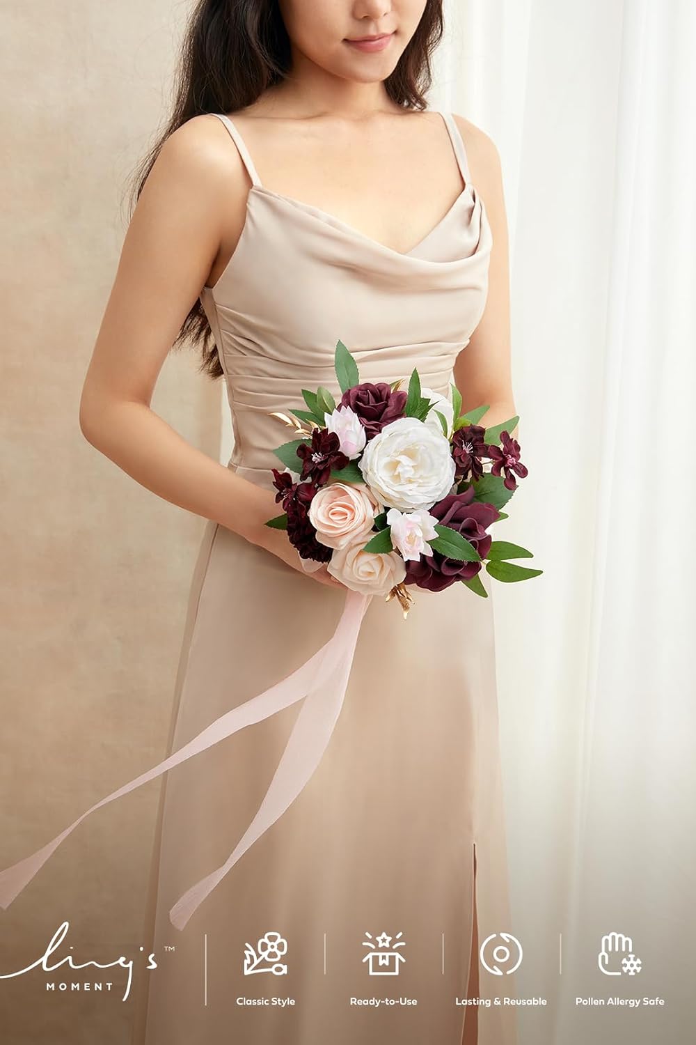 Ling's moment Artificial Flowers Red Bridesmaid Bouquet, Marsala & Blush Wedding Flowers Bouquets for Bridesmaids, 7 Inch Bridal Bouquets for Bridesmaids, Wedding Decor, Ceremony, etc