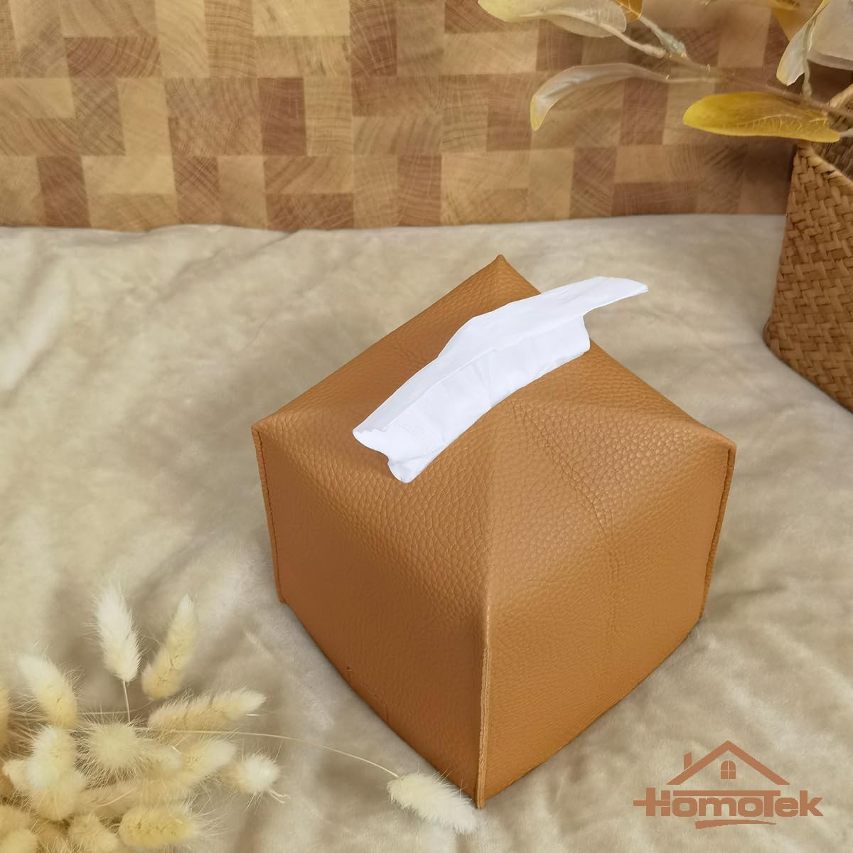 HOMOTEK 2 Pack Tissue Box Cover, Square PU Leather Tissue Holder, Decorative Facial Tissue Cube Paper Organizer Dispenser for Bathroom, Night Stands, Desk, Car 5X5X5'' - Camel, Pebble Grain