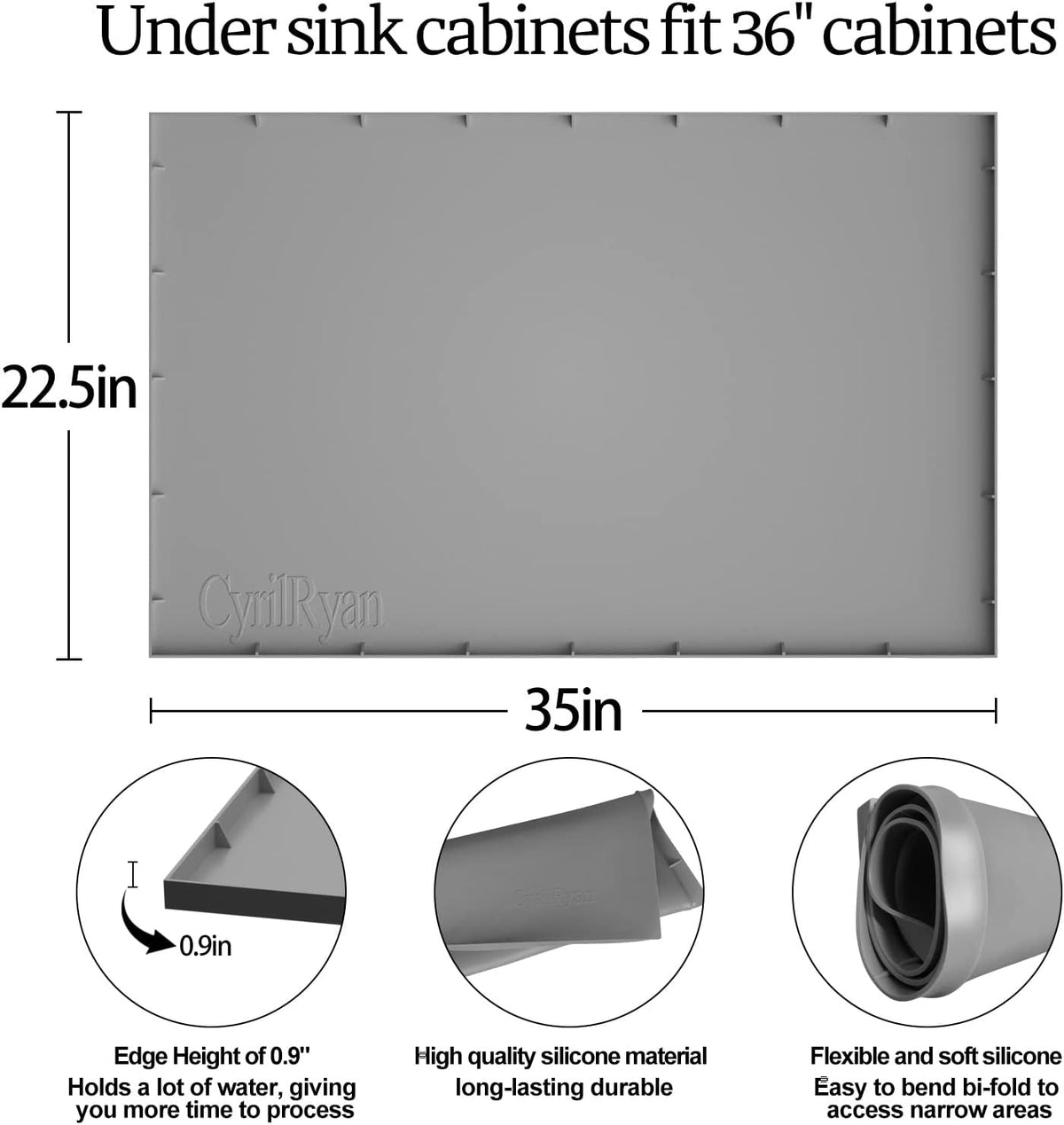 Under Sink Mat Waterproof for 36" Cabinet, Kitchen Rubber Mat, Holds Over 3.3 Gallons Liquid, Carbon Cabinets Leak Protector, Bathroom Sink Line Drip Tray, Gray 35x22.5 inch