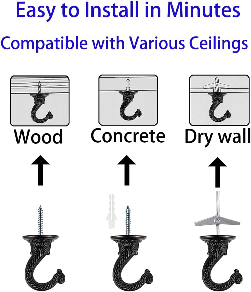 Heavy Duty Ceiling Hooks, Hanging Plants, Porch (6, Black)