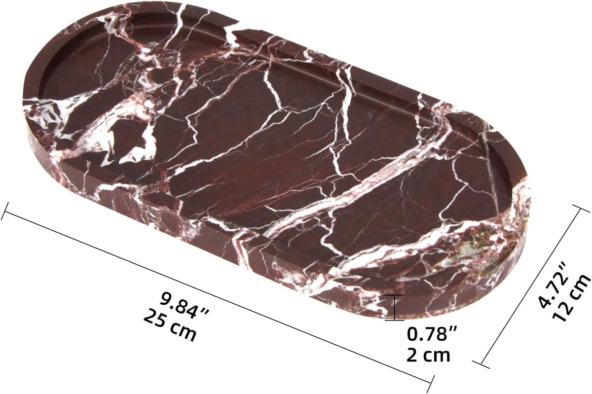 Oval Marble Bathroom Vanity Tray, Rosso Lepanto, 10" x 5" x 0.6"