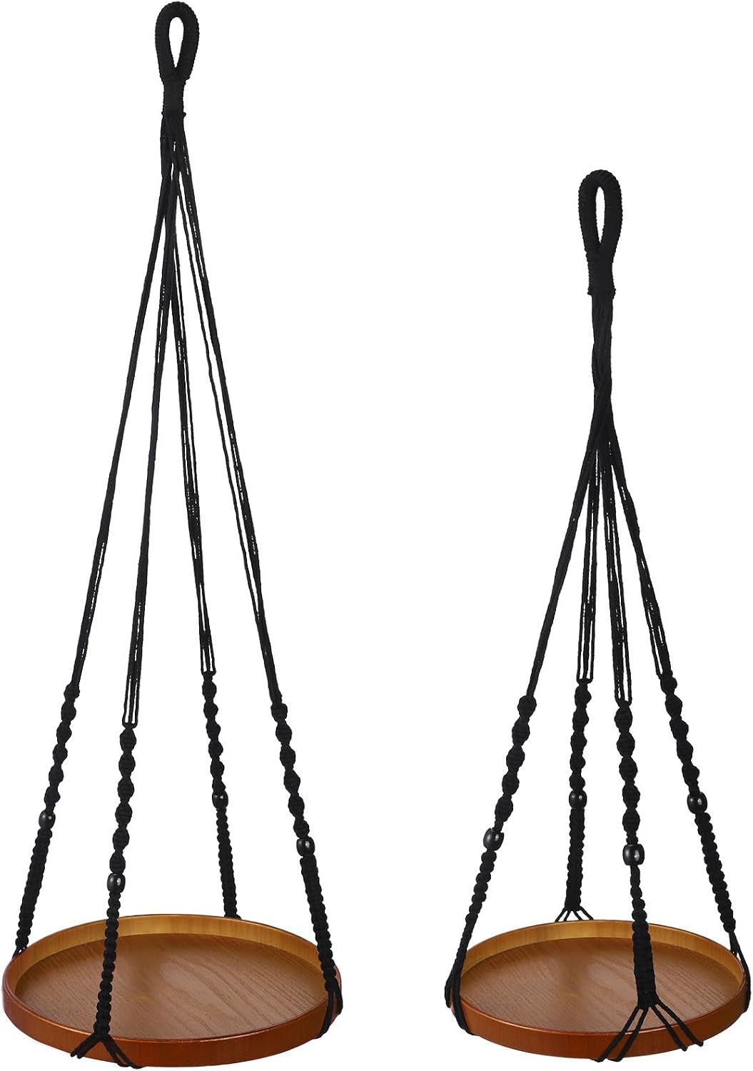 2 Pack Macrame Plant Hanger, 41'' & 32'' Plant Hanger Indoor Set with 12'' & 9.8'' Wood Trays, Bohemian Hanging Planter with Hooks for Living Room Window, Home Decor