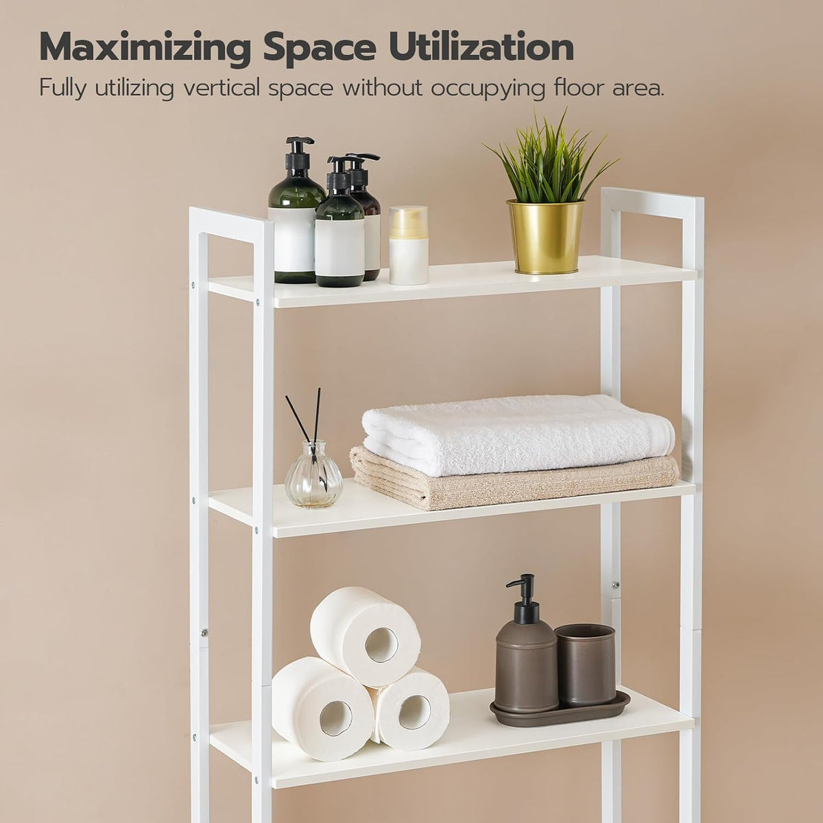 HOOBRO Over The Toilet Storage, 3-Tier Bathroom Organizer Shelf Over Toilet, Freestanding Bathroom Storage Shelves, Space Saver, Easy to Assemble for Room, White WT41TS01