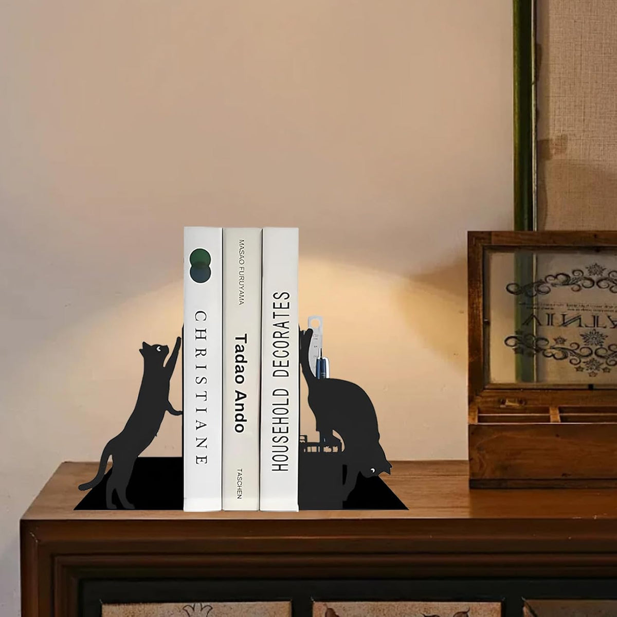 Cat Metal Bookends with Pen Holder, Cute Book Ends for Shelves Decorative