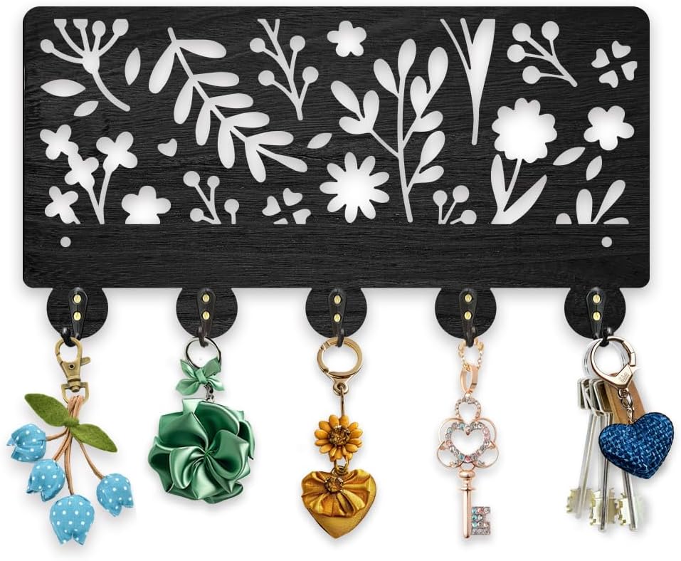 MAYJOYDIY Wood Wildflower Coat Hooks Nature Flower Key Holder 11.8×6.3inch Botanical Plant Key Hanger 5 Alloy Hooks Decoratice Key Hook for Gift Garden Living Room Office Entryway Hallway
