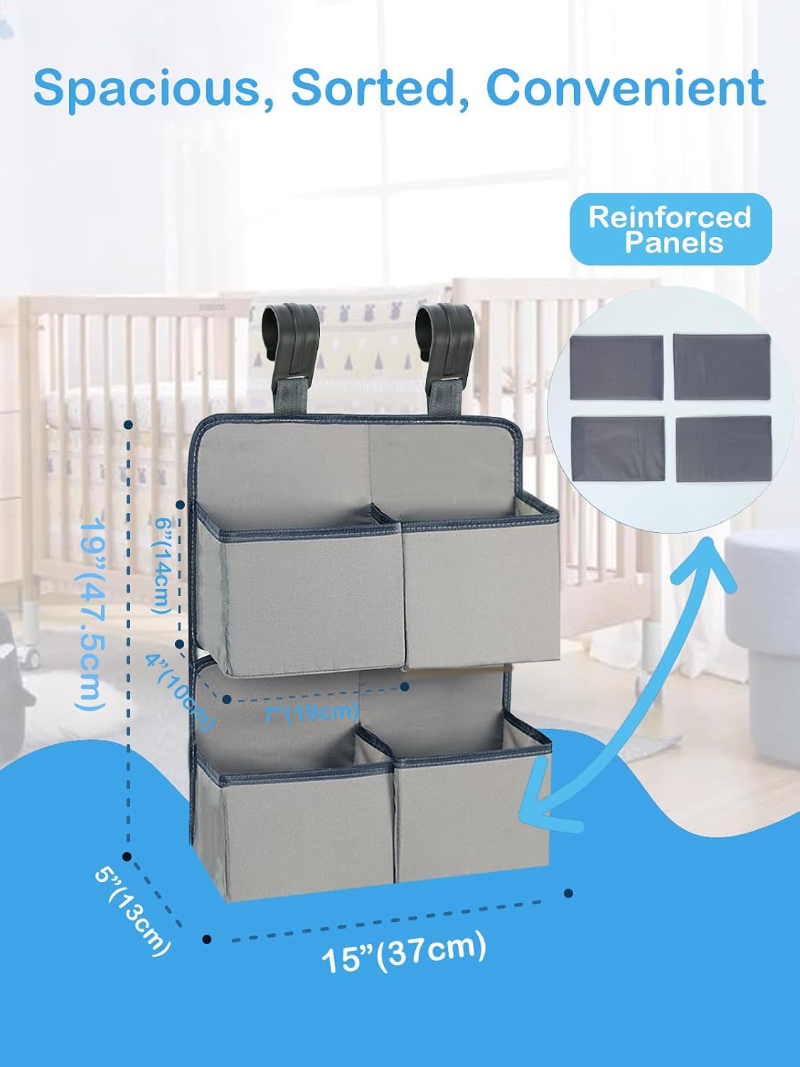Hanging Diaper Organizer for Crib/Playpen/Bassinet/Playard – Hold 80+ Diapers - 4 Deep Pockets- Changing Table Diaper Holder Bag- Diaper Storage for Newborn Baby Essentials Stacker Caddy, Gray