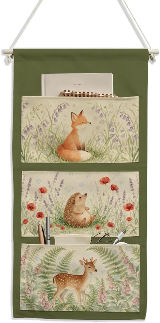 IAXIC Watercolor Forest Animal Canvas Wall Hanging Organizer with Pockets