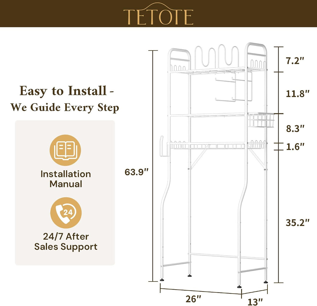 TETOTE Over the Toilet Storage Cabinet, 3-Tier White Bathroom Shelves Over Toilet with Toilet Paper Roll Holder, Freestanding Metal Rack