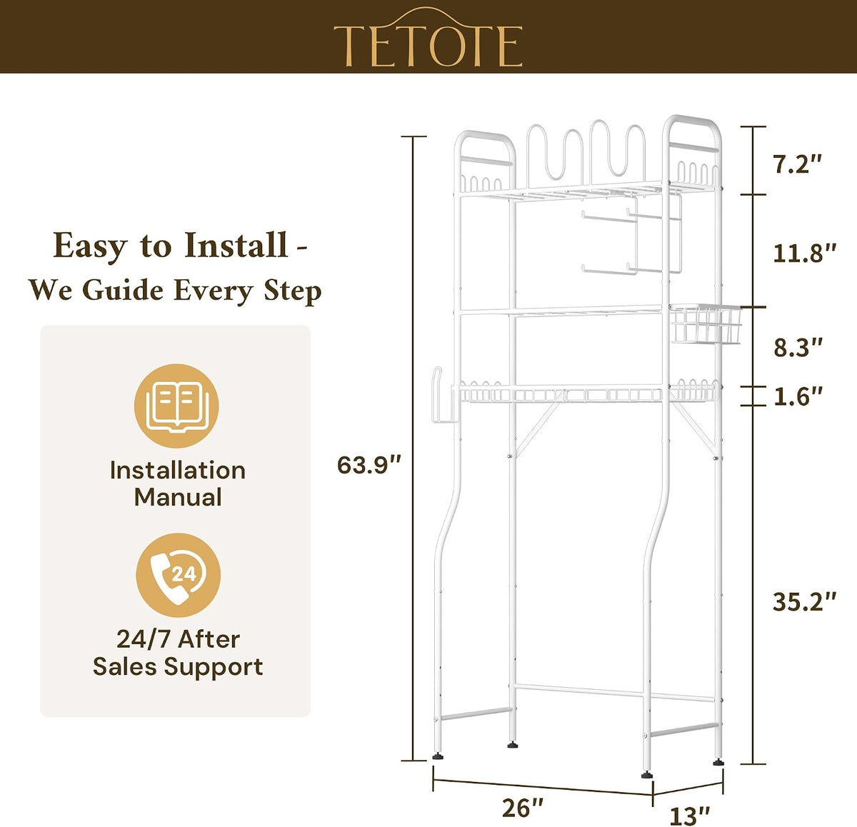 TETOTE Over the Toilet Storage Cabinet, 3-Tier White Bathroom Shelves Over Toilet with Toilet Paper Roll Holder, Freestanding Metal Rack