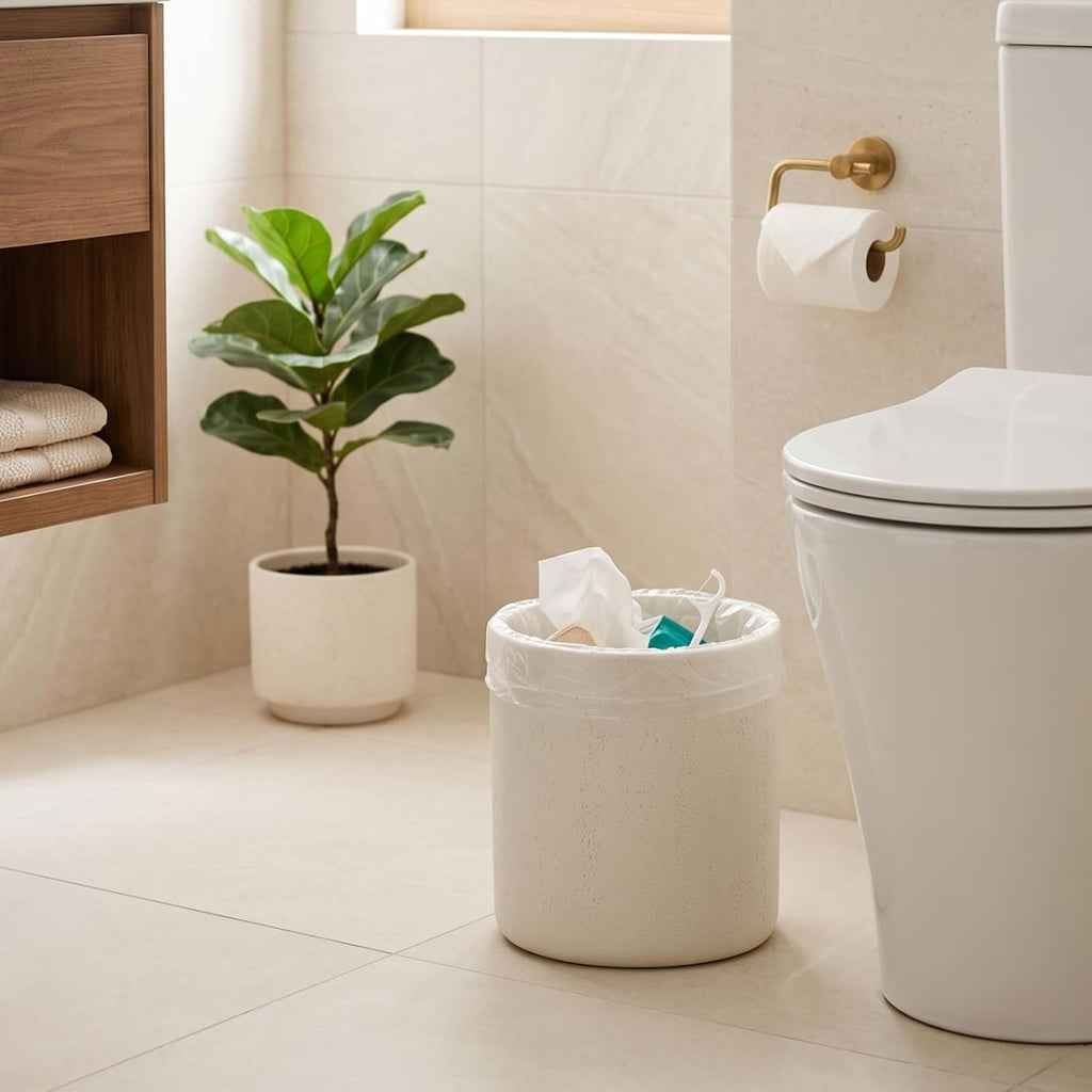 Bathroom Trash Can,1.6 Gallon,Travertine Stone Look,Off White