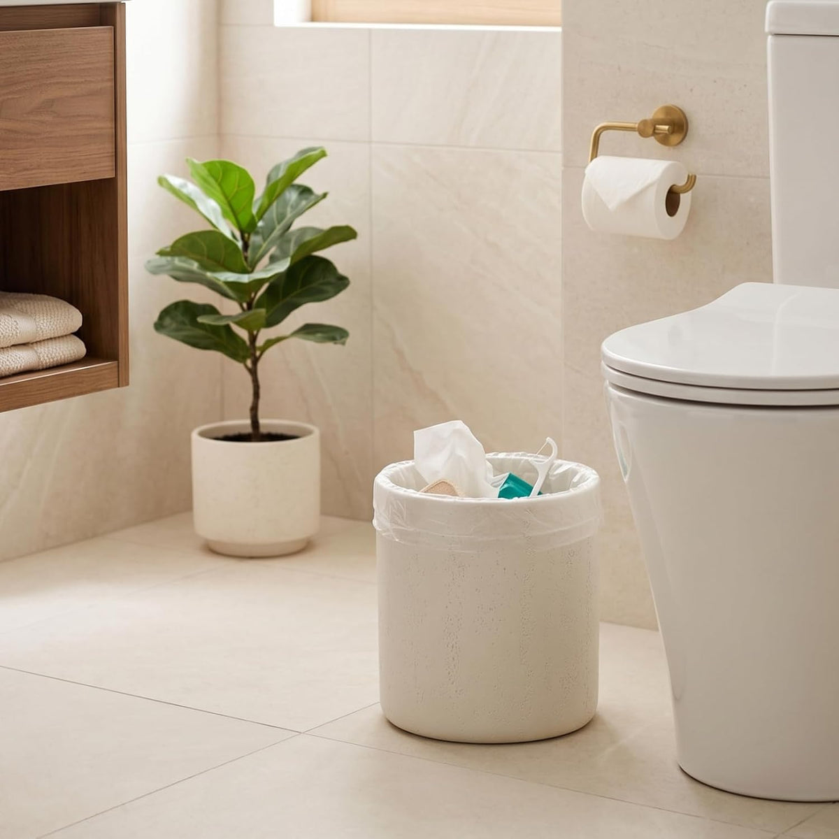 Bathroom Trash Can,1.6 Gallon,Travertine Stone Look,Off White