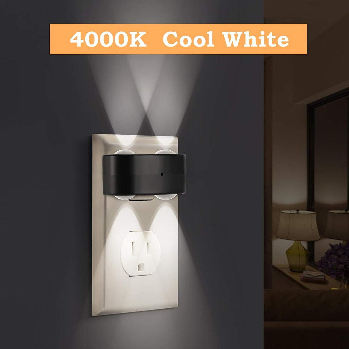 4 Pack LED Night Light Plug-in Wall, 100 Lumens 4000K Cool White, Auto On/Off Dusk to Dawn Sensor, Adjustable Swivel Head for Indoor – Ideal for Hallway, Stairs, Bedroom, Bathroom, Kitchen