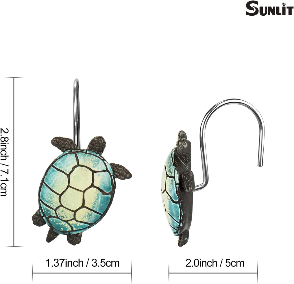 Sunlit Tilt Sea Turtle Shower Curtain Hooks, Home Decorative Shower Curtain Rings for Bathroom, Resin, Ocean Shower Curtain Hanger Hooks for Kid Room Living Room, Set of 12