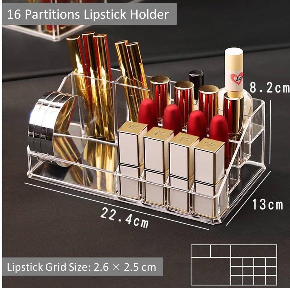 Acrylic Makeup Organizer Cosmetic Storage Makeup Display Case Makeup Brush Holder Lipstick Dispenser Canister Bathroom Container (8.7x 5 x 3.2 in, 16 Partitions, Transparent)