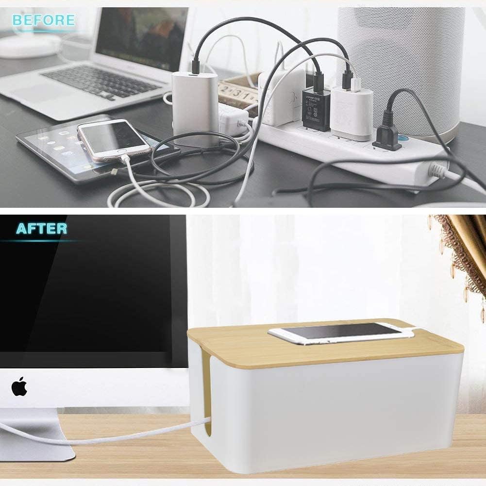 Cable Management Organizer Box, 2 Pack Large Storage Bamboo Lid Wires Concealer Holder for Office Desk, Home, Kitchen, TV, Computer, Cover Hide Tidy Surge Protector Power Strips & Cords (White)