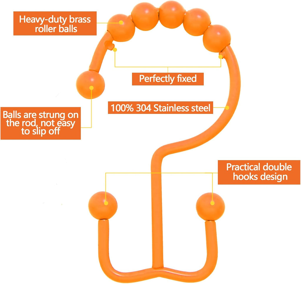 Shower Curtain Hooks,304 Stainless Steel Shower Rings for Bathroom,Double Glide Shower Hooks for Bathroom Shower Curtain Rods Curtains,Set of 12 Hooks,Orange（Shower Curtain Hooks Style A ）