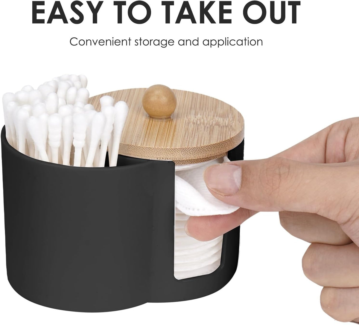 Adorila Compact Cotton Pad & Swab Holder with Bamboo Lid, Black