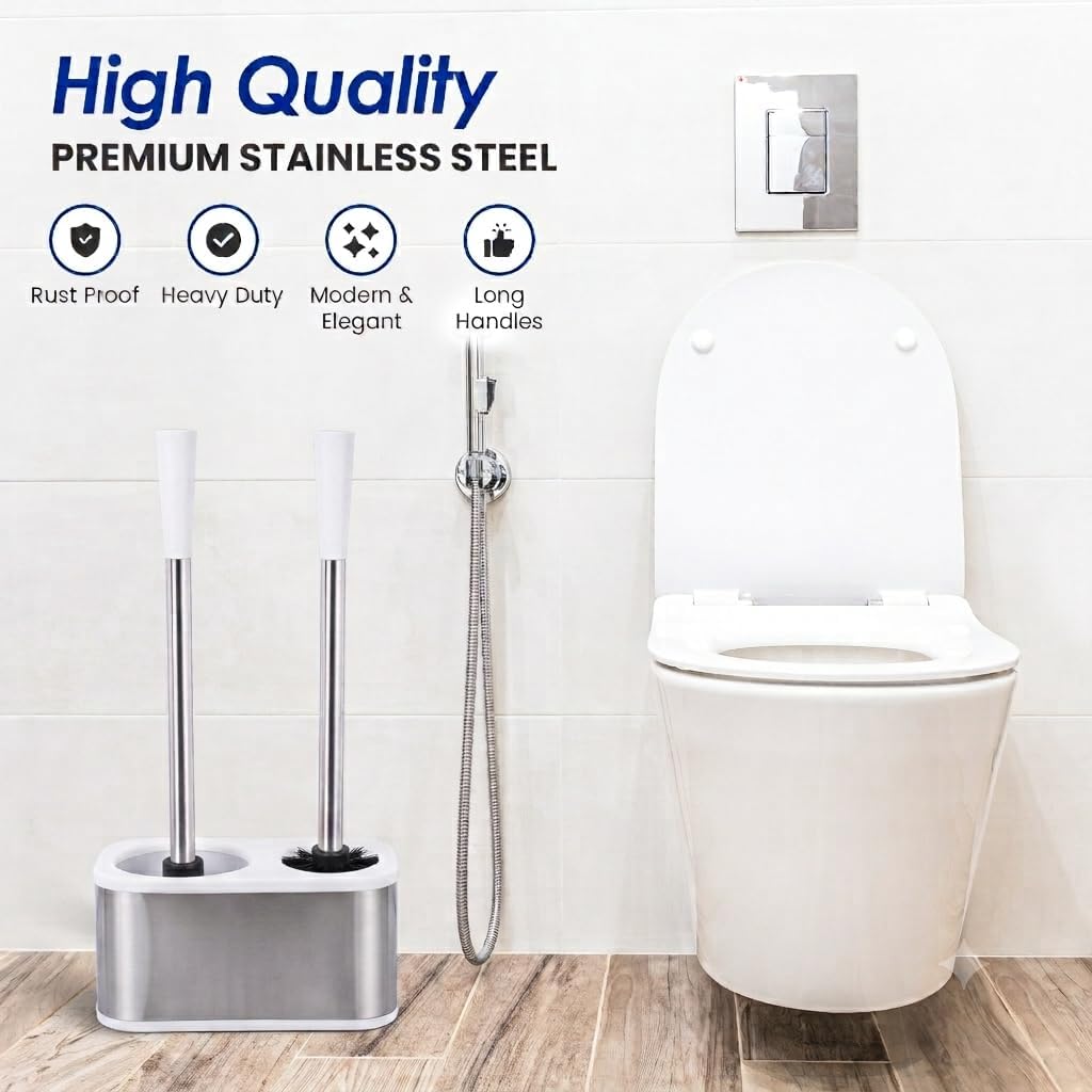 Stainless Steel Toilet Brush and Holder Set - Modern Toilet Brush and Plunger Set - Bathroom Essentials (White)