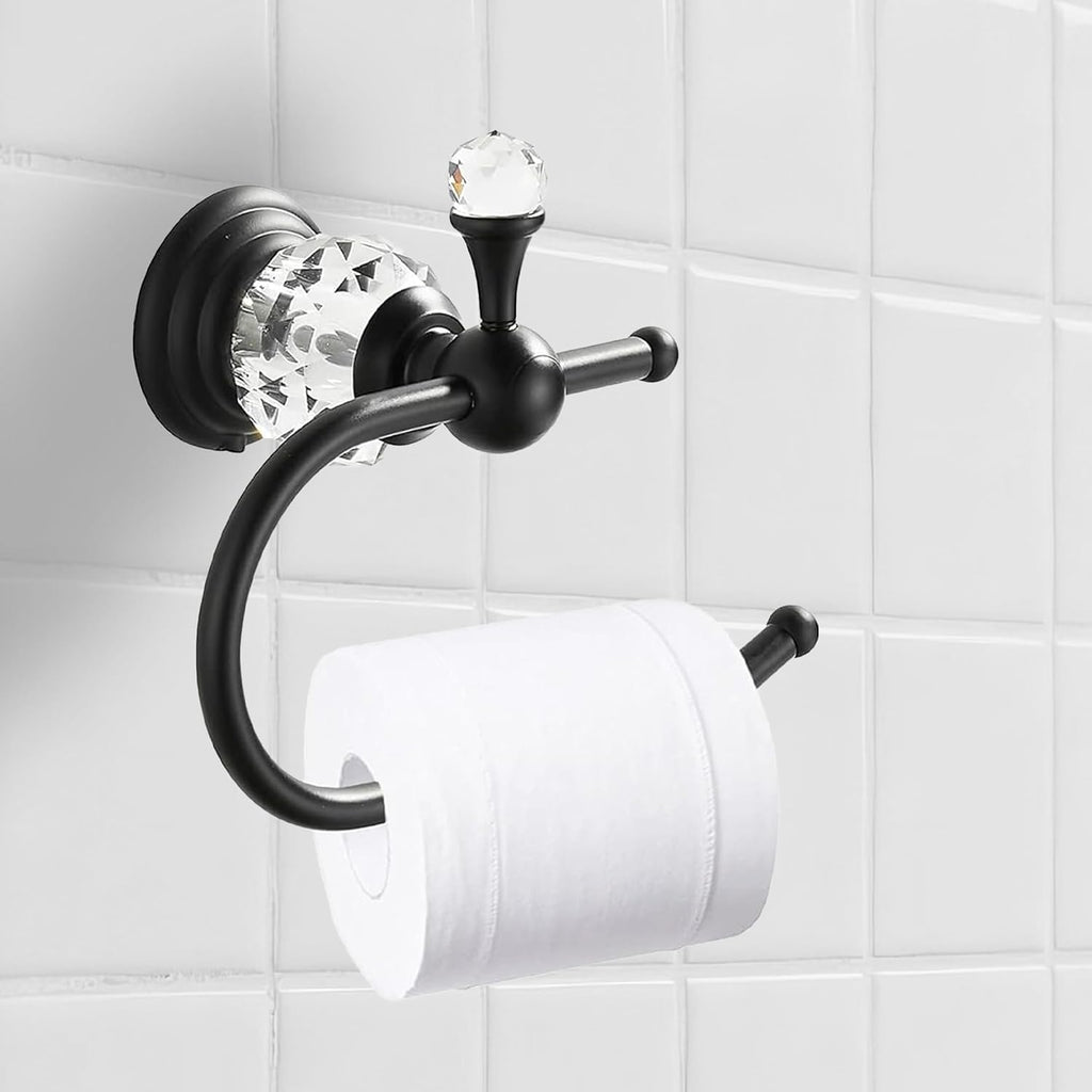 Black Crystal Toilet Paper Holder, Matte Black Bathroom Toilet Paper Roll Hanger Wall Mounted, Modern Toilet Tissue Holder Bathroom Accessory