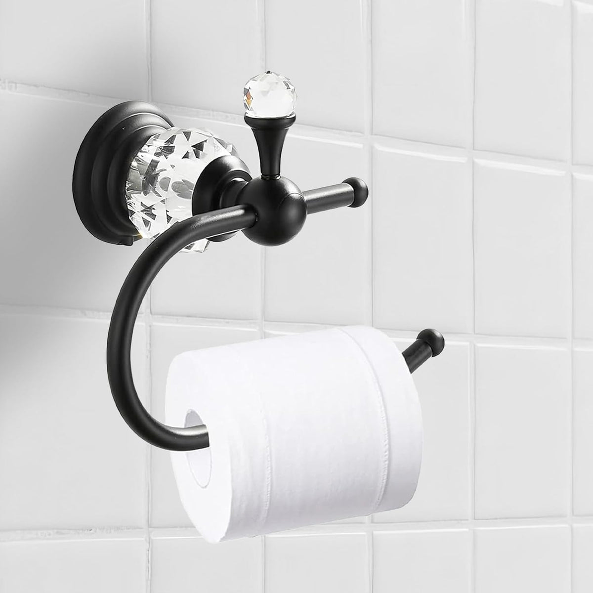 Black Crystal Toilet Paper Holder, Matte Black Bathroom Toilet Paper Roll Hanger Wall Mounted, Modern Toilet Tissue Holder Bathroom Accessory