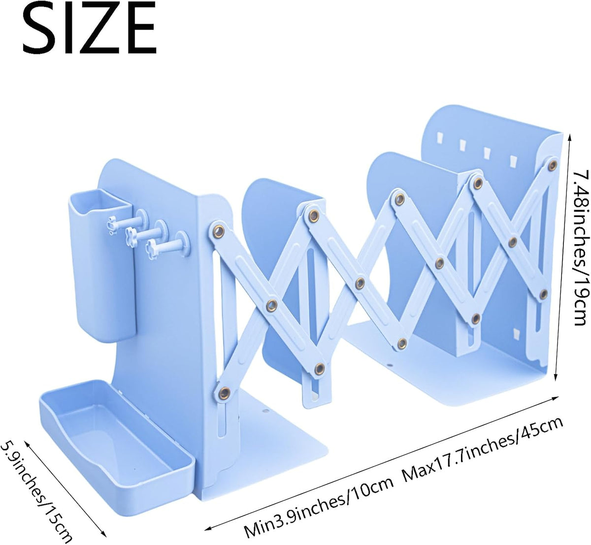 Adjustable Metal Bookends Heavy Duty for Shelves, 2 Dividers, Side Organzier, Anti-Slip Design Expandable Book Ends for Desk, Office(Blue, 18 inches Max)