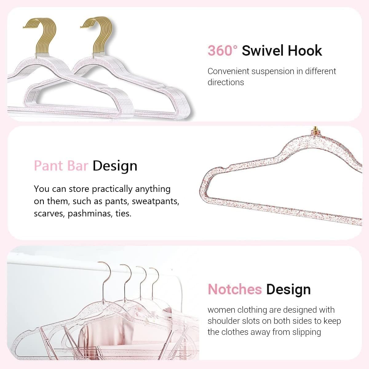 Pink Clothes Hangers 16", 40 Pack Plastic Clear Coat Hanger for Adult Closet, Durable Bling Ganchos de Ropa with Swivel Hook, Notched Shoulders & Ultra-Thin Space Saving Laundry Hanger for Dress Suits