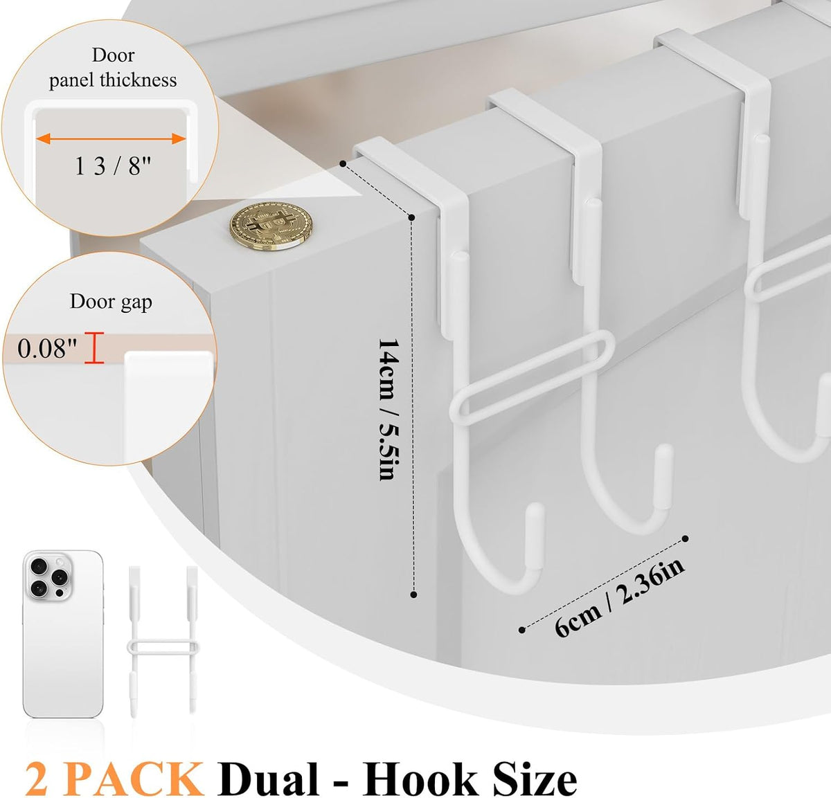 FYY 4 PCS Over the Door Hooks, Heavy Duty Double Hanger with Non-Slip Pads, No-Drill Metal Hook for Hanging Coats Towels Robes Closet Bathroom Bedroom, Fits 1.5 Inch Door Thickness, 5.12" Long, White