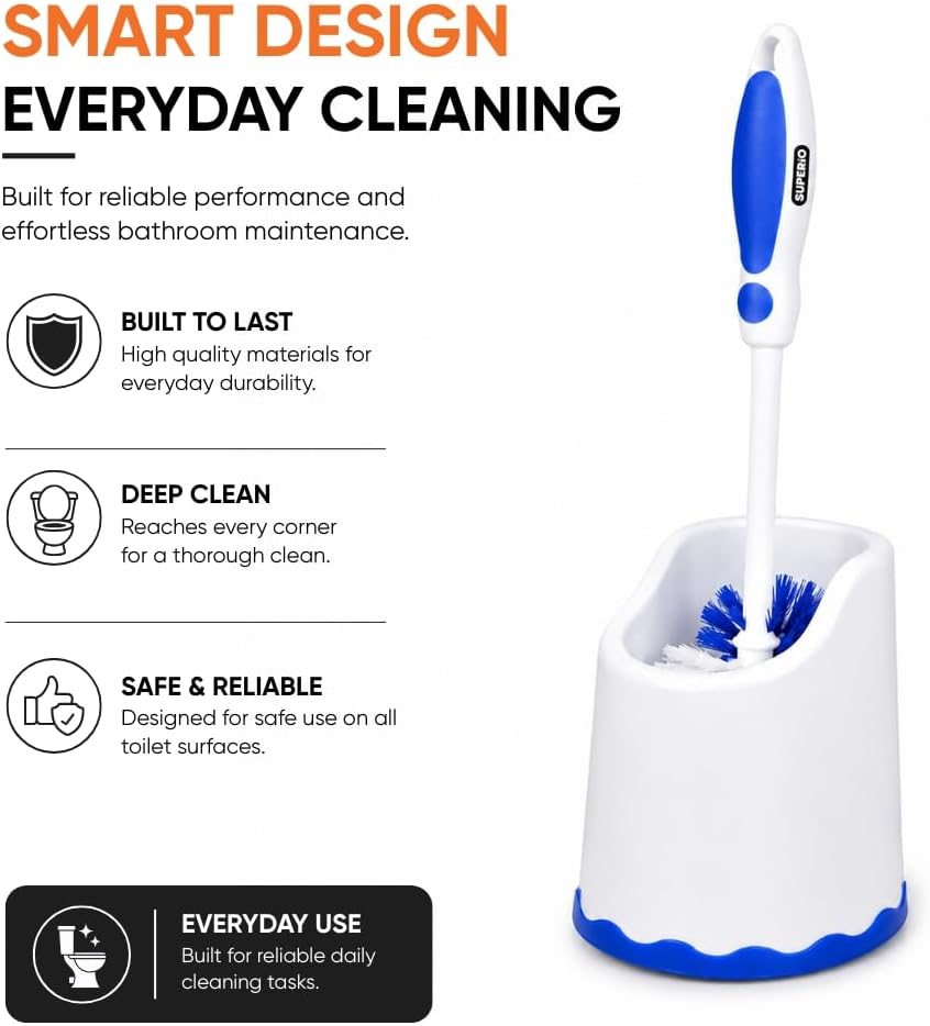 Superio Toilet Brush and Holder,Toilet Bowl Cleaning System with Scrubbing Wand, Under Rim Lip Brush and Storage Caddy for Bathroom, White and Blue