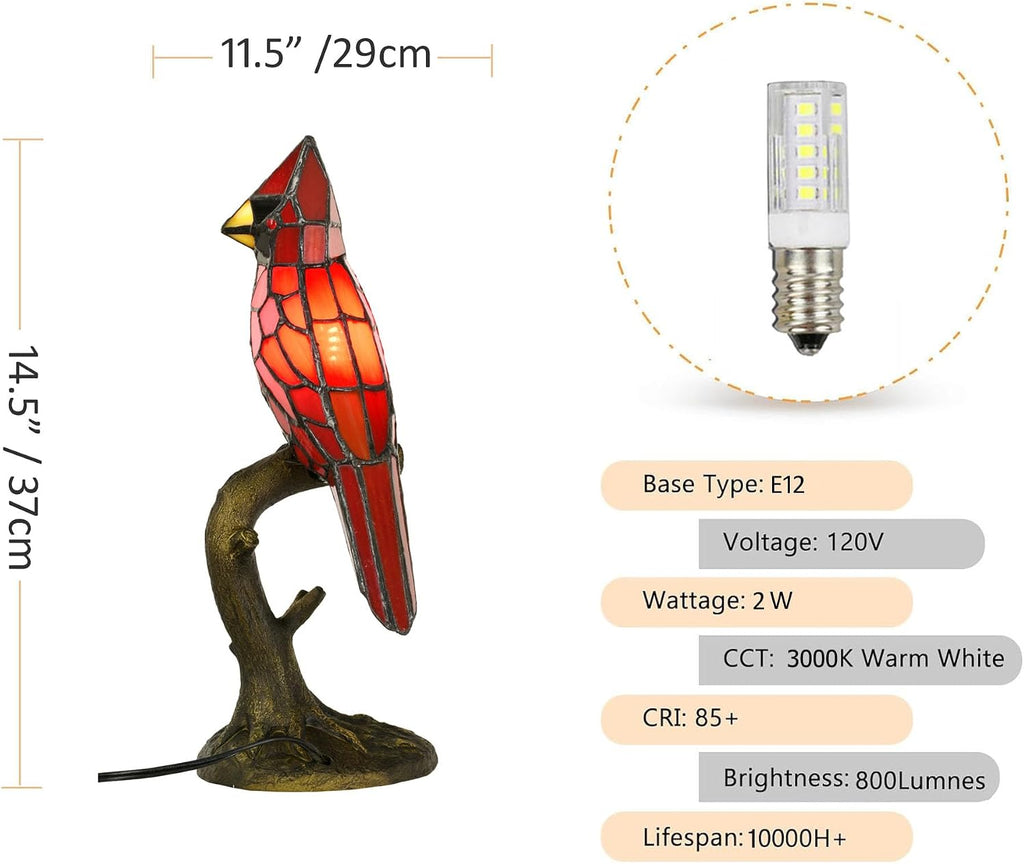 A0011 Cardinal Tiffany Style Table Lamp Handmade Stained Glass Red Bird Lamp in Height 14.5" Overall for Bedside Livingroom Bedroom Home, Memorial Gifts, LED Bulb Included (Red Cardinal)