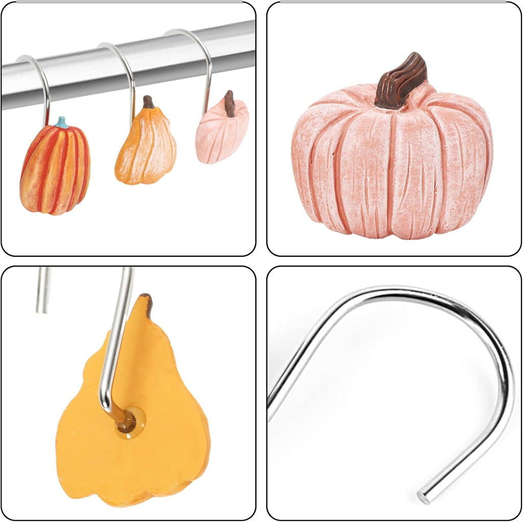 JarThenaAMCS 12 Pcs Fall Shower Curtain Hooks 4 Designs Pumpkin Curtain Rings Autumn Thanksgiving Decorative Hanger Hooks for Bedroom Bathroom Decor
