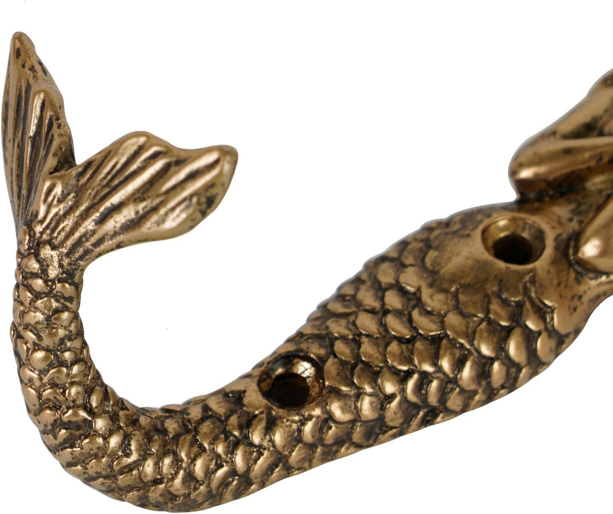 SOFFEE DESIGN 2pcs Gold Mermaid Shape Metal Wall Coat Hooks, Beach Decoration Wall Mounted Hanging Racks Coat Hooks for Keys, Towels, Clothes, Scarf, Bag