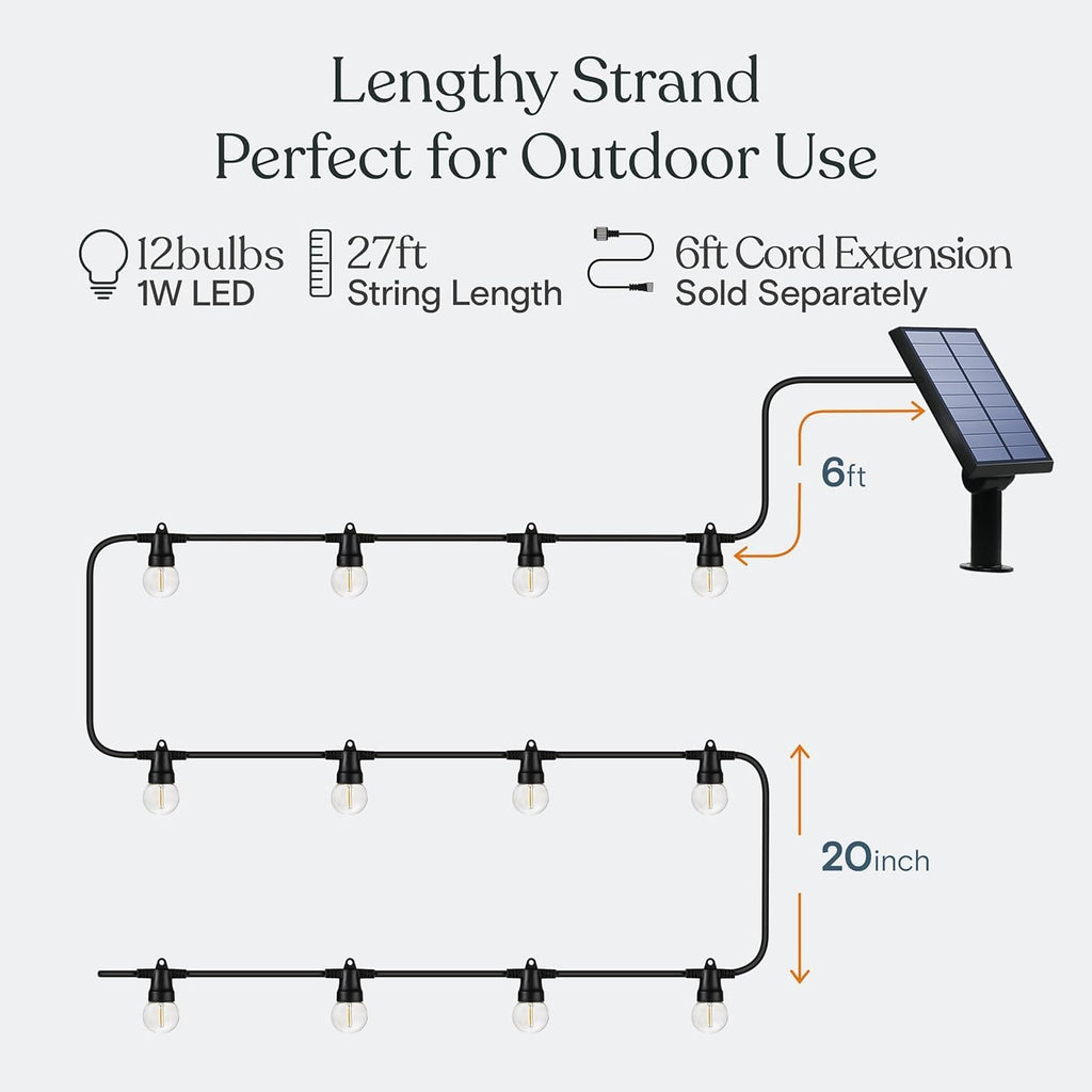 Brightech Ambience Pro 27 Ft Solar Powered Outdoor String Lights - Commercial Grade Waterproof Patio Lights Withn Edison Globes, Shatterproof LED String Lights for Patio - 1W, Warm White, 12 Bulbs
