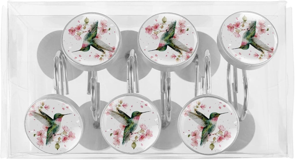 Hummingbird Round Shower Curtain Hooks Set of 12 Stainless Steel Decorative Hanger Rings for Bathroom Kitchen Bedroom Curtain Rods