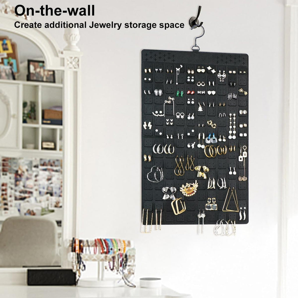 Earring and Necklace Organizer, Dual Sided Hanging Jewelry Organizer with Hanger for Closet,Over Door Large Capacity Holder 300 Earrings+30 Necklaces, Sturdy Felt Material,Gift Ready,1 Pack