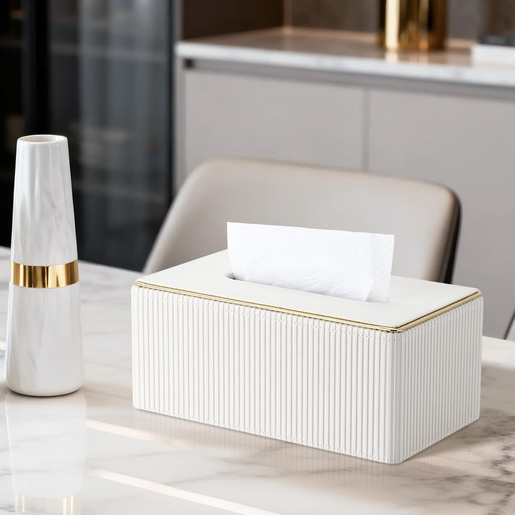 GORESE Rectangle Tissue Box Cover for Kleenex, PU Leather Tissue Box Holder, Rectangular Decorative Tissue Covers for 120(3-Ply)/160(2-Ply) Tissue Box, Cream White