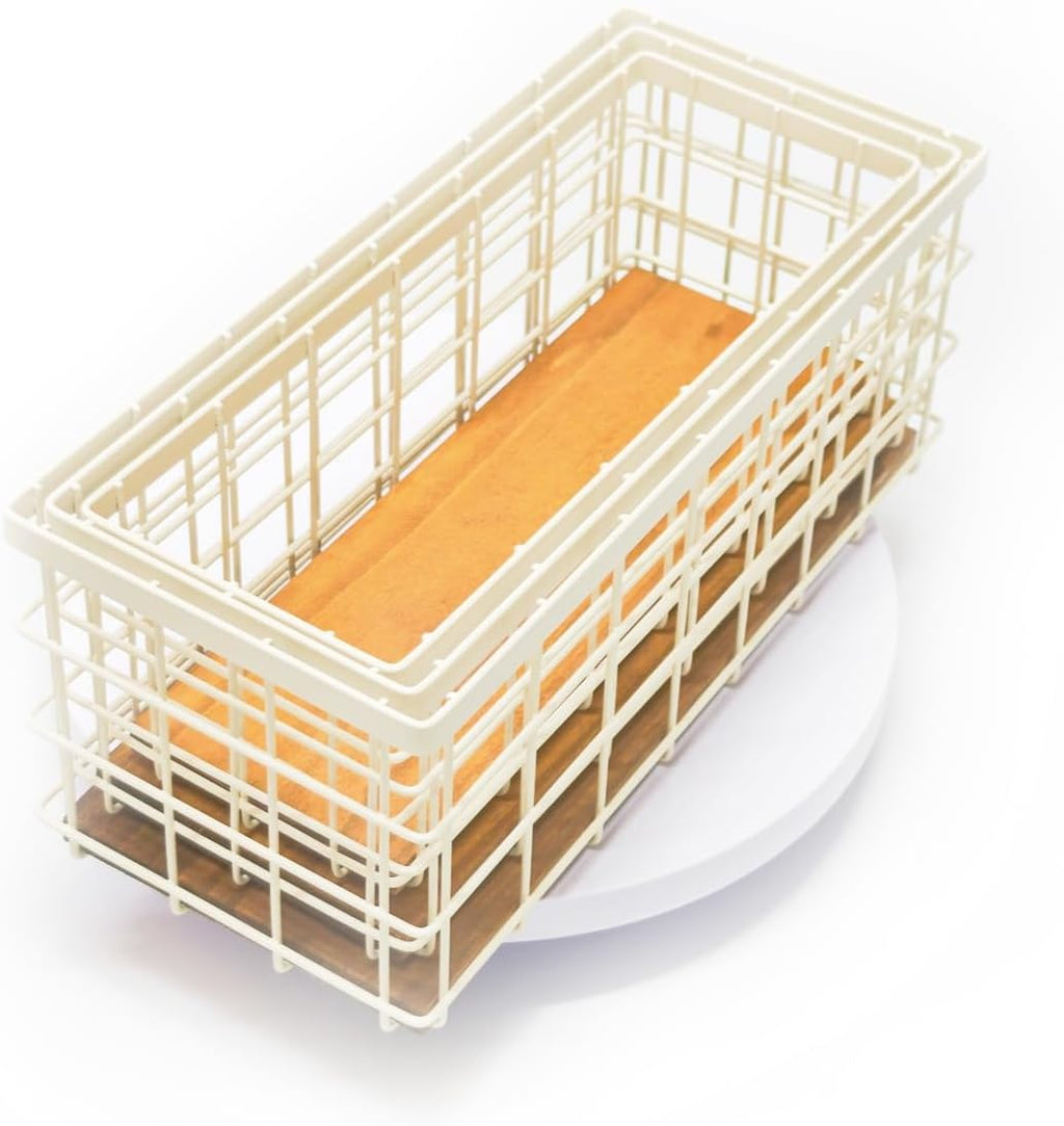 TIEYIPIN Farmhouse Decor Metal Wire Storage Baskets, Wood Base Containers Organizing Basket Caddy Bin for Kitchen Cabinets, Bathroom, Pantry, Garage, Laundry Room, Closets - Cream White (Set of 3)