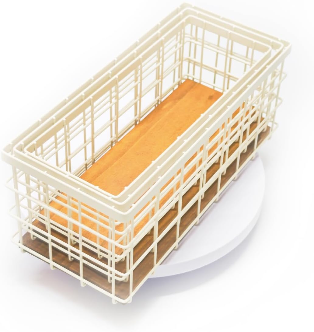 TIEYIPIN Farmhouse Decor Metal Wire Storage Baskets, Wood Base Containers Organizing Basket Caddy Bin for Kitchen Cabinets, Bathroom, Pantry, Garage, Laundry Room, Closets - Cream White (Set of 3)